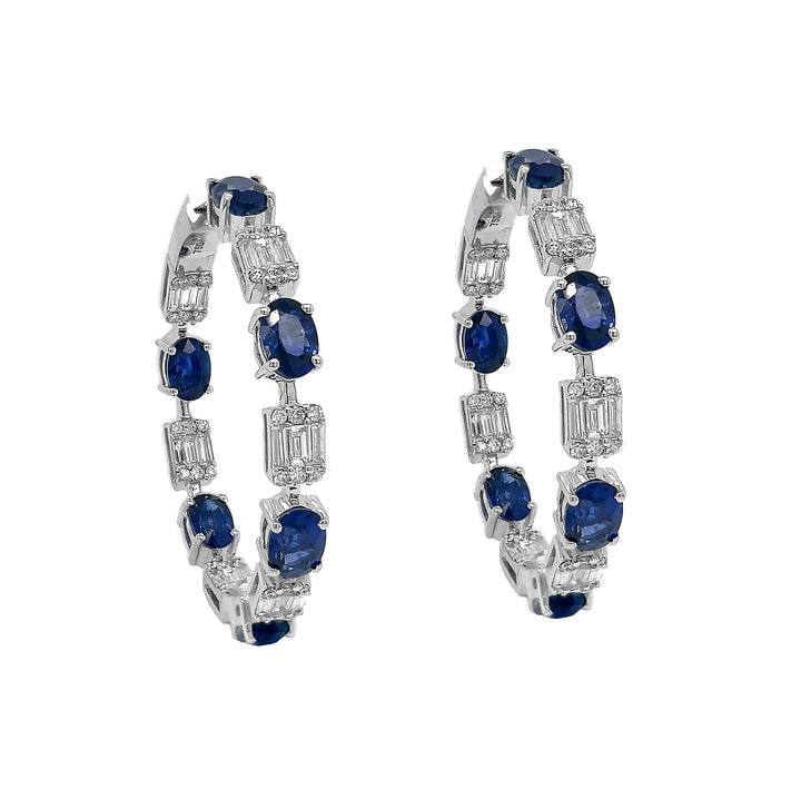 18Kt White Gold Diamond and Blue Sapphire Hoops