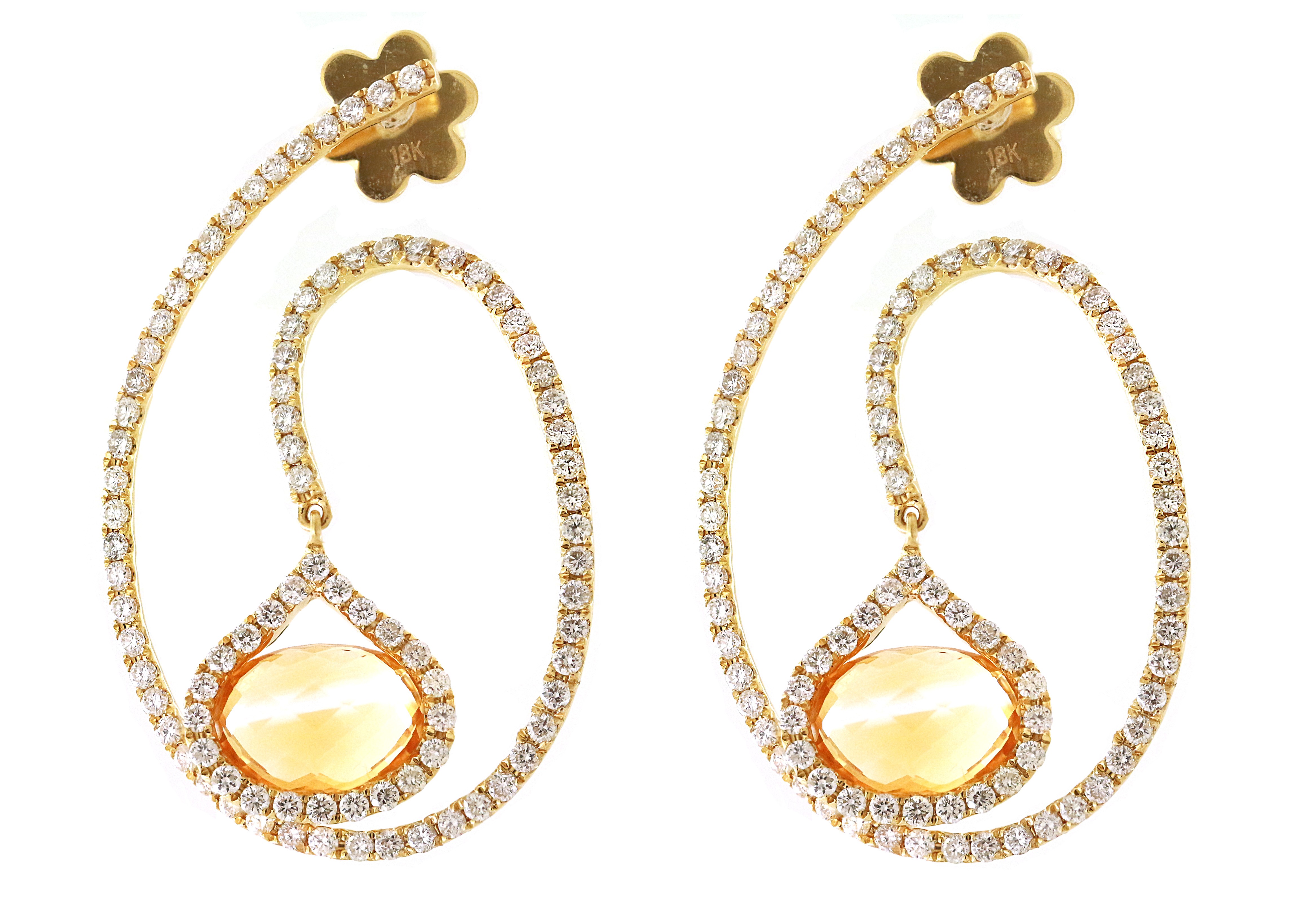 18kt Yellow Gold Diamond and Citrine Dangling Earrings