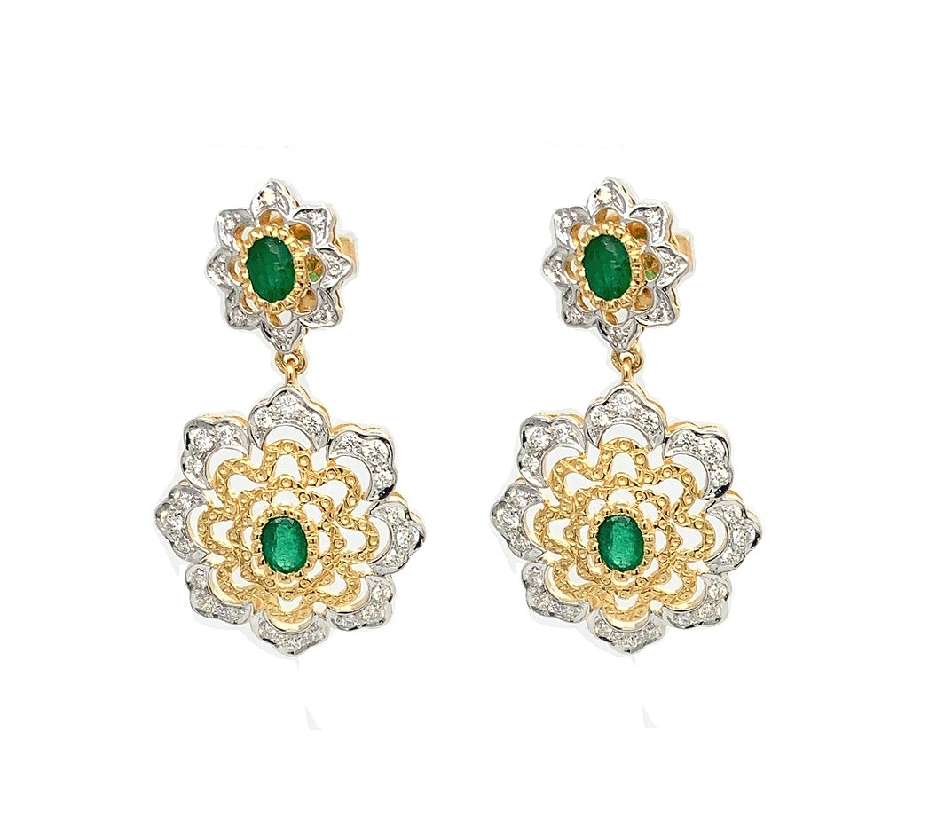 18kt White And Yellow Gold Diamond And Emerald Earrings